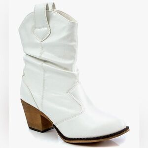 White Western Cowboy Booties | Block Heel Mid-Calf Pull-On Chic Boots | Size 10